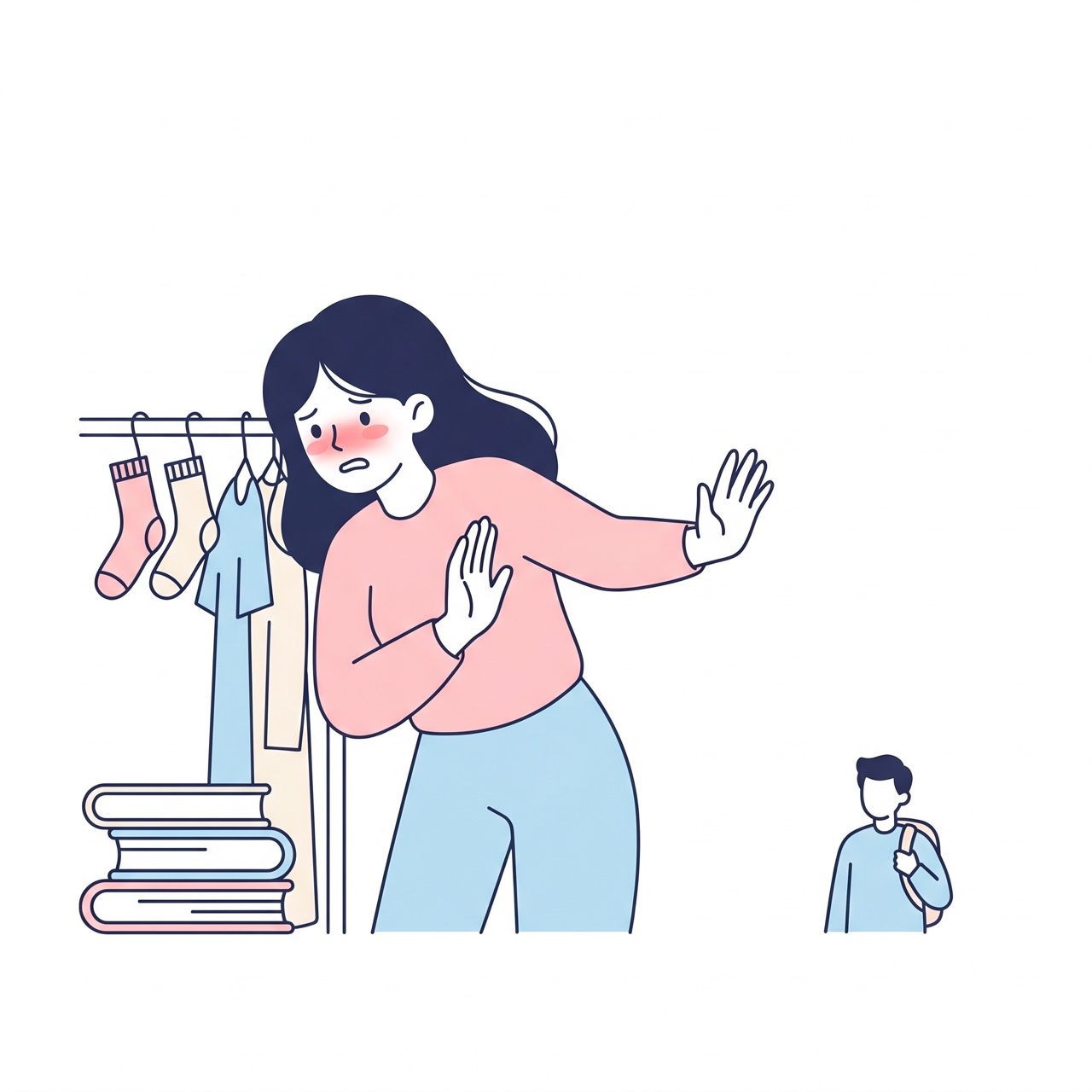 生活空間を男性に見られたくないと、気まずそうにする女性のイラスト