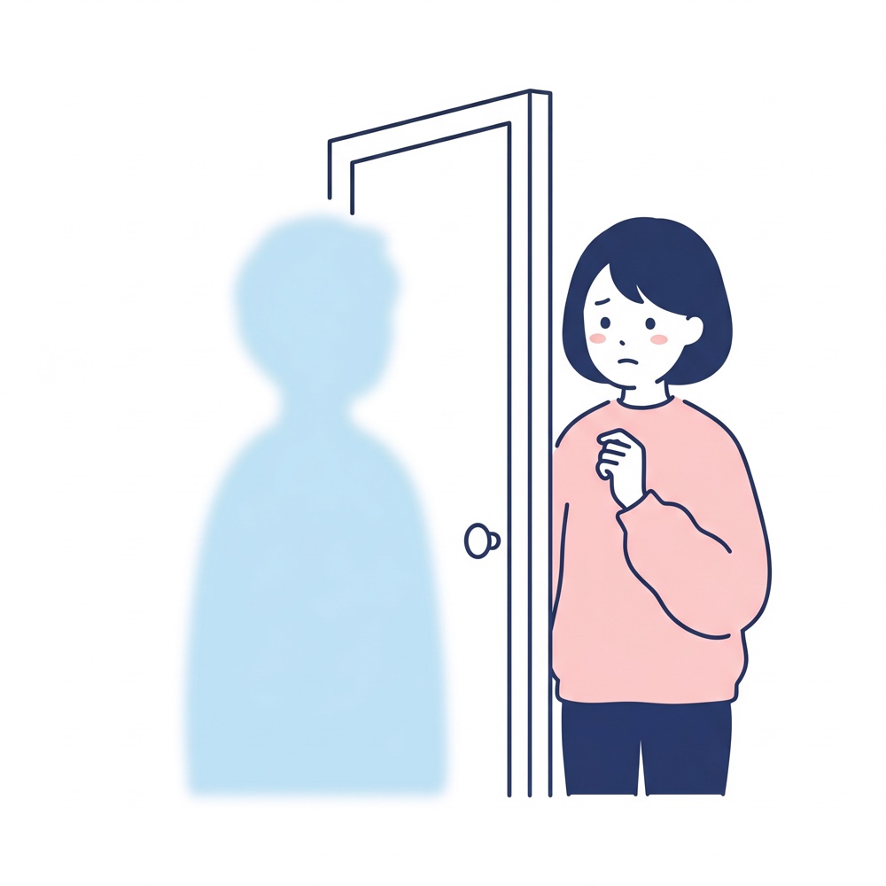 訪問してきた知らない人に、ドア越しで身構える女性のイラスト