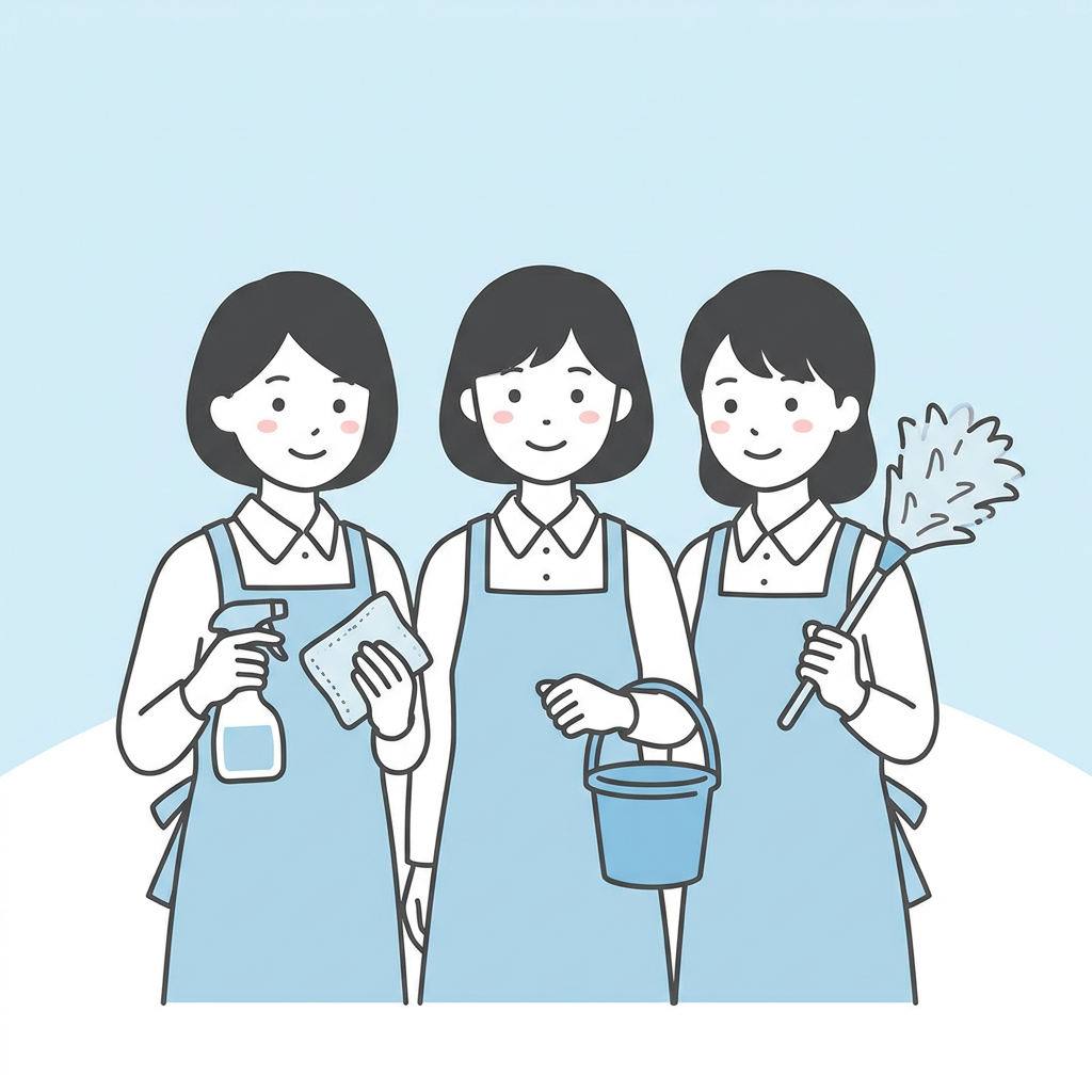 女性スタッフ3名が清掃道具を持って並ぶイラスト