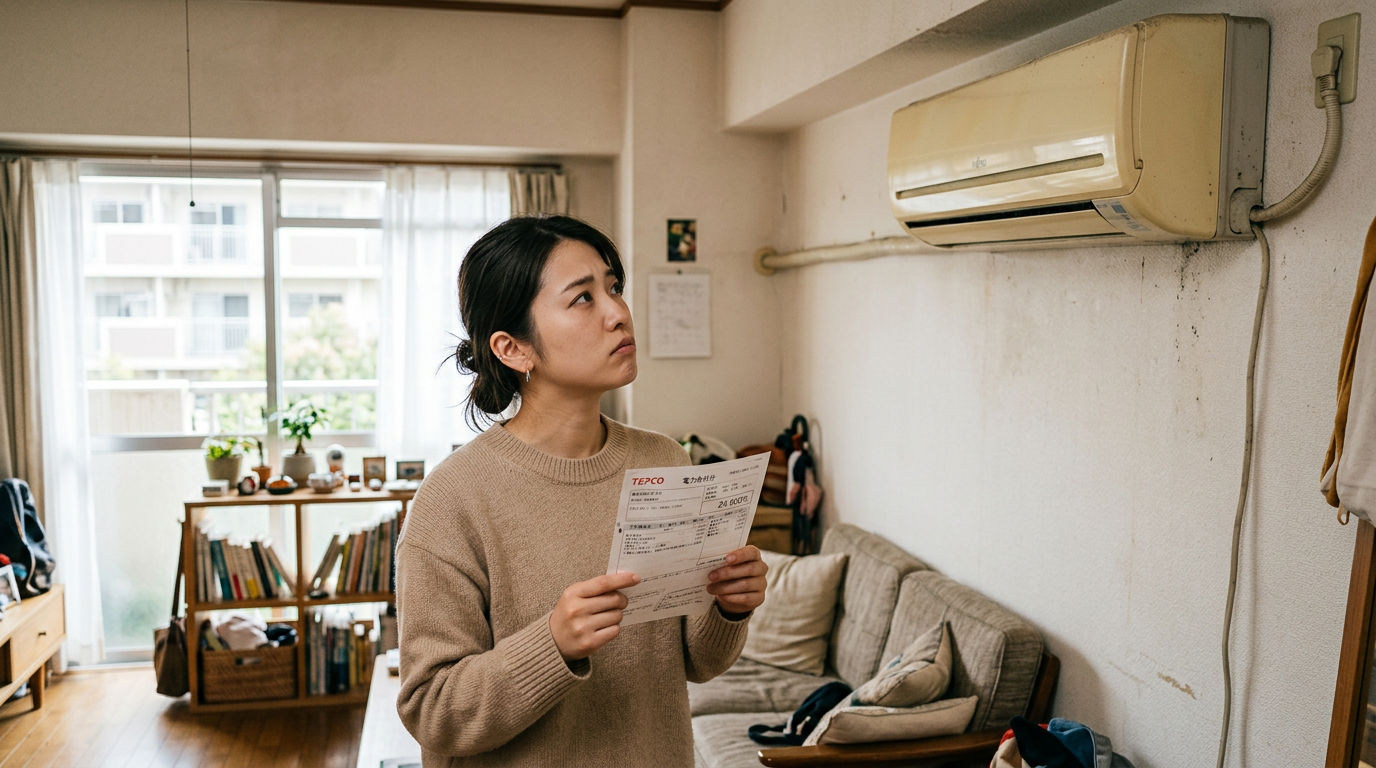 古いエアコンと電気代の請求書を見る女性